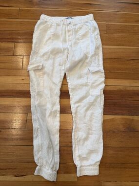 Nicole Miller White Linen Cargo Jogger Pants - Drawstring Waist